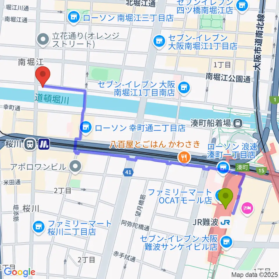 ＪＲ難波駅から南堀江エンヴァイロメントゼロジーへのルートマップ地図