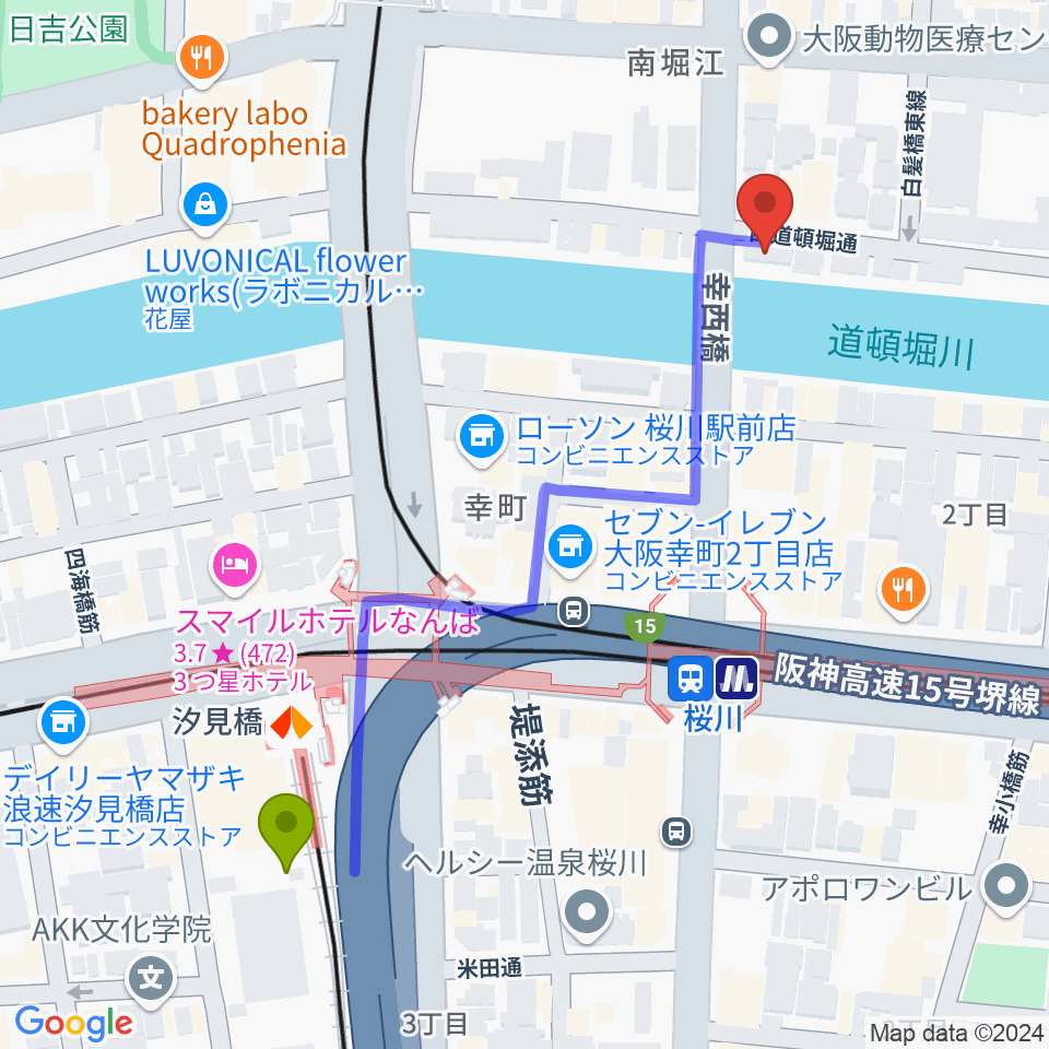 南堀江エンヴァイロメントゼロジーの最寄駅汐見橋駅からの徒歩ルート（約6分）地図