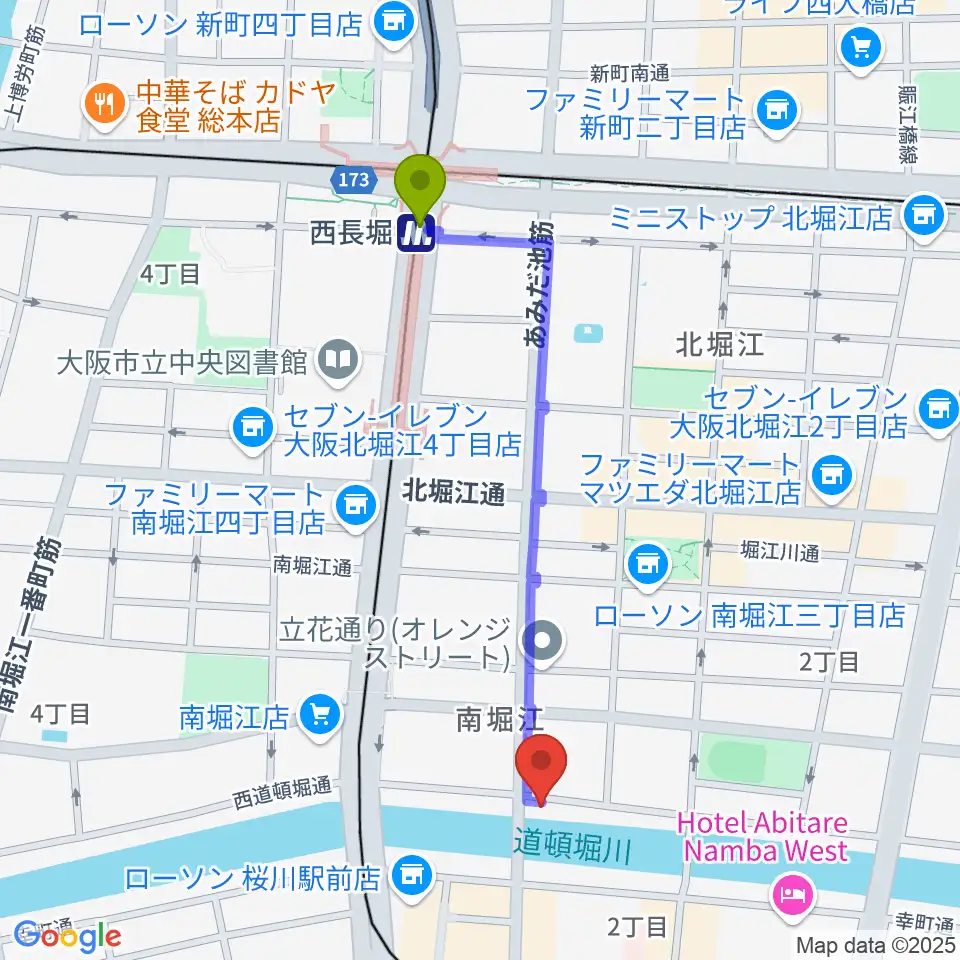 西長堀駅から南堀江エンヴァイロメントゼロジーへのルートマップ地図