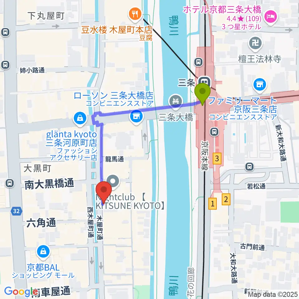 木屋町アバンギルドの最寄駅三条駅からの徒歩ルート（約4分）地図
