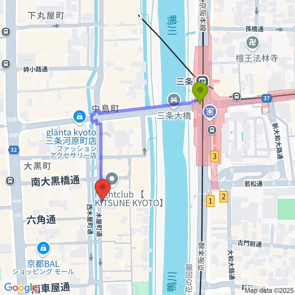 木屋町アバンギルドの最寄駅三条駅からの徒歩ルート（約4分）地図