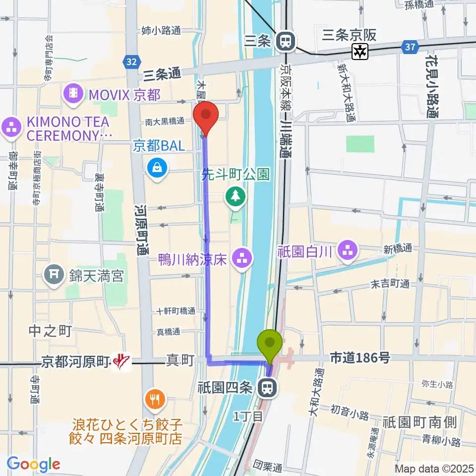 祇園四条駅から木屋町アバンギルドへのルートマップ地図