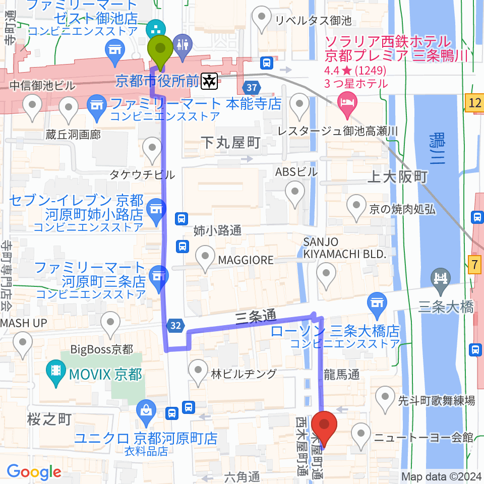 京都市役所前駅から木屋町アバンギルドへのルートマップ地図