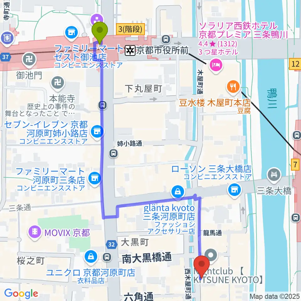 京都市役所前駅から木屋町アバンギルドへのルートマップ地図