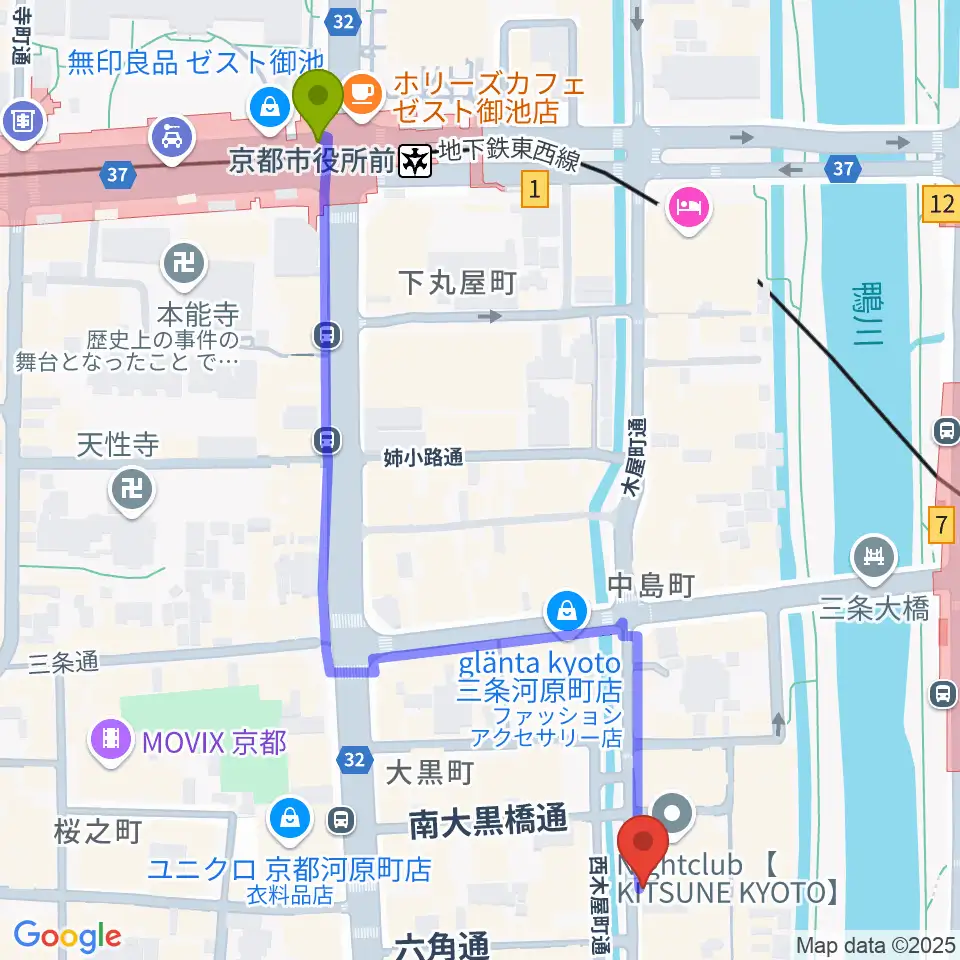京都市役所前駅から木屋町アバンギルドへのルートマップ地図