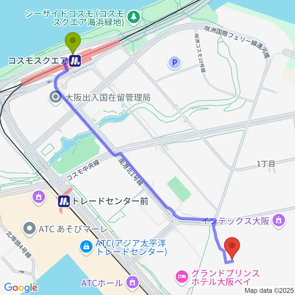 コスモスクエア駅からインテックス大阪 5号館へのルートマップ地図