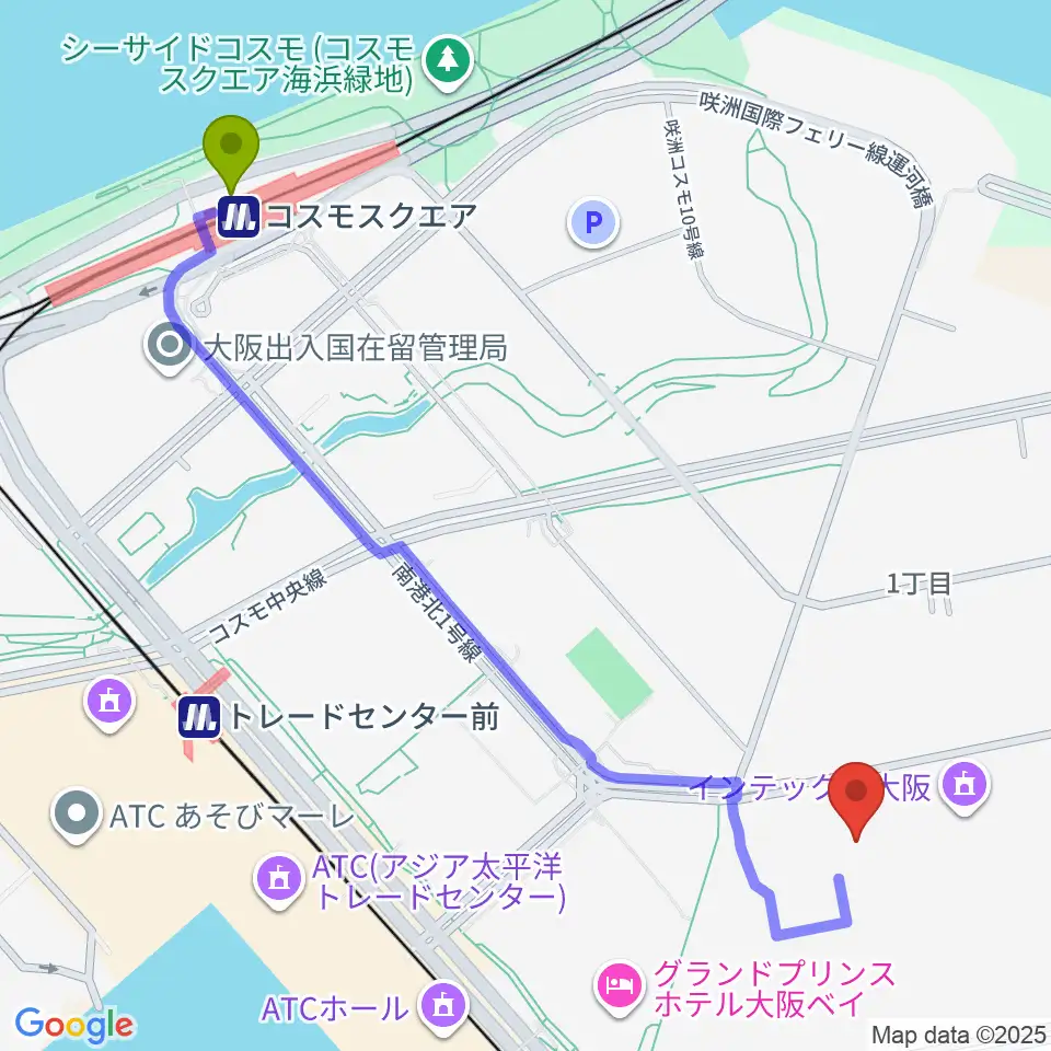 コスモスクエア駅からインテックス大阪5号館へのルートマップ地図