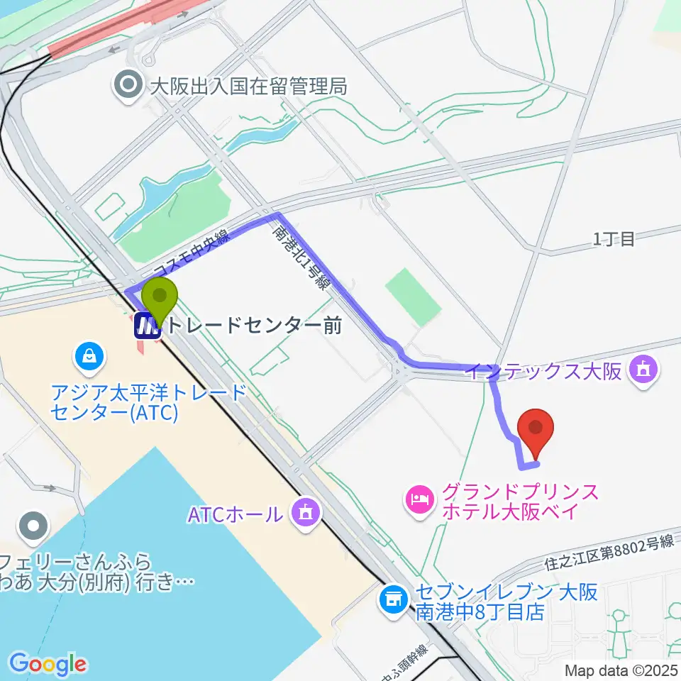 トレードセンター前駅からインテックス大阪 5号館へのルートマップ地図