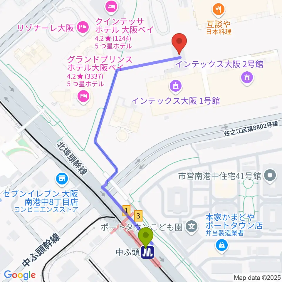 インテックス大阪 5号館の最寄駅中ふ頭駅からの徒歩ルート（約5分）地図