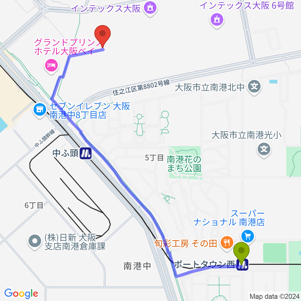 ポートタウン西駅からインテックス大阪 5号館へのルートマップ地図