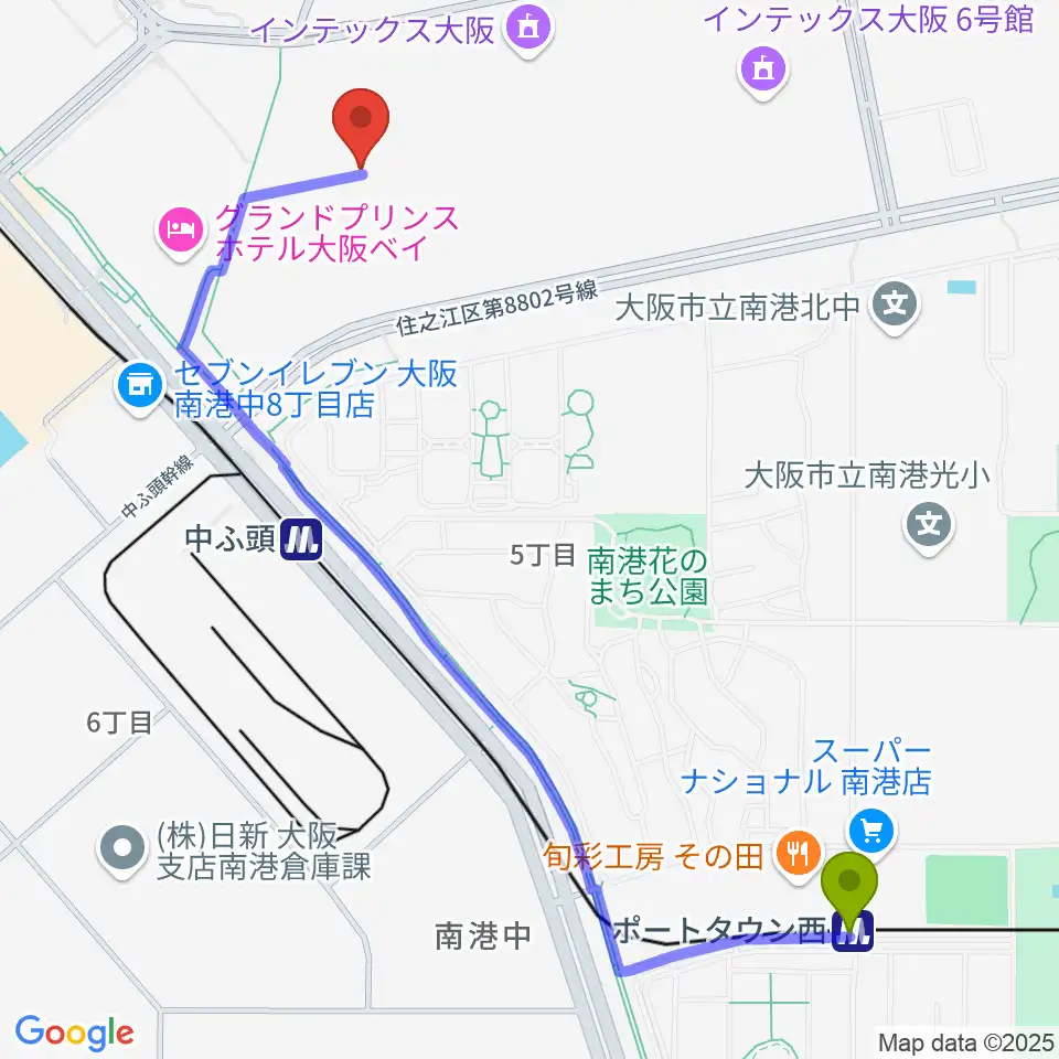 ポートタウン西駅からインテックス大阪 5号館へのルートマップ地図