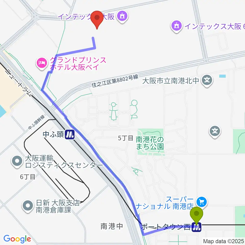 ポートタウン西駅からインテックス大阪5号館へのルートマップ地図