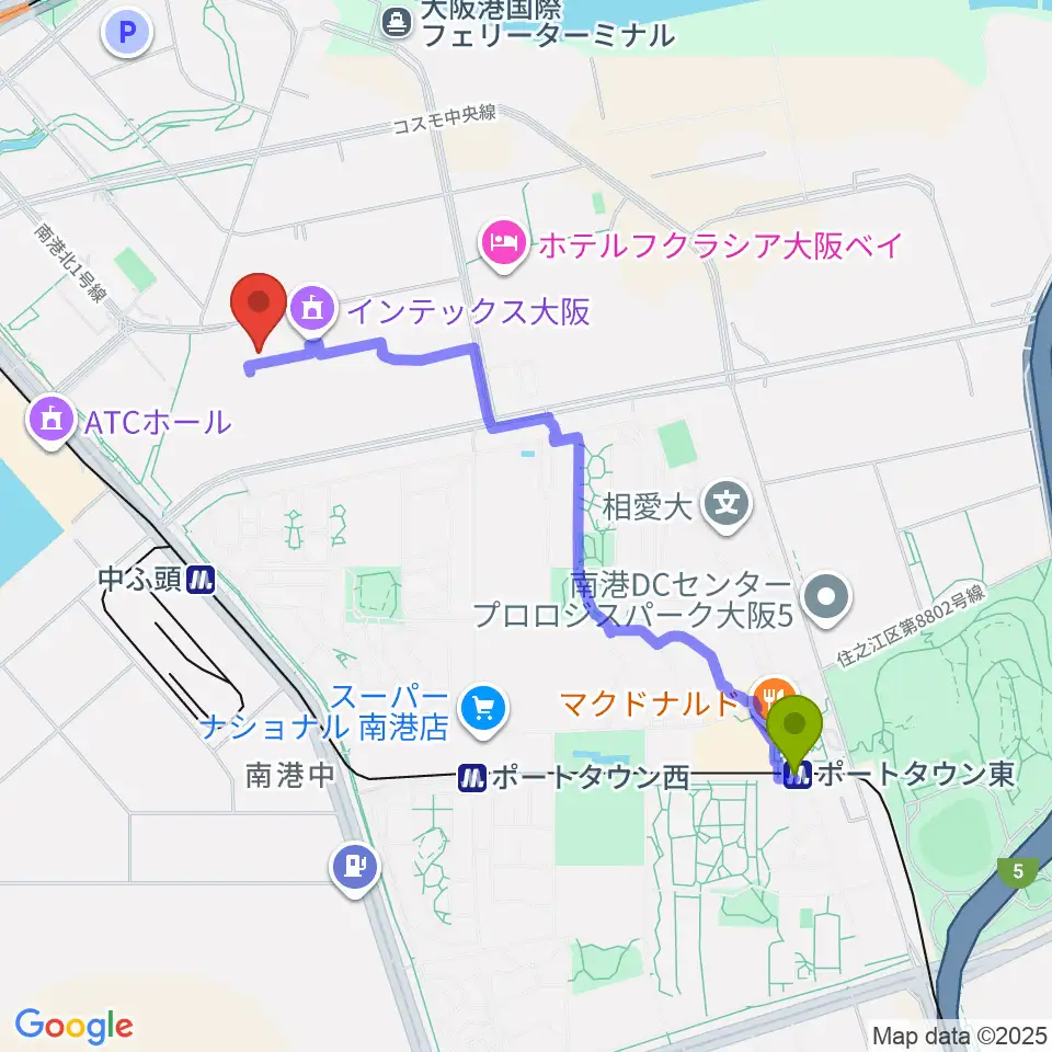 ポートタウン東駅からインテックス大阪5号館へのルートマップ地図