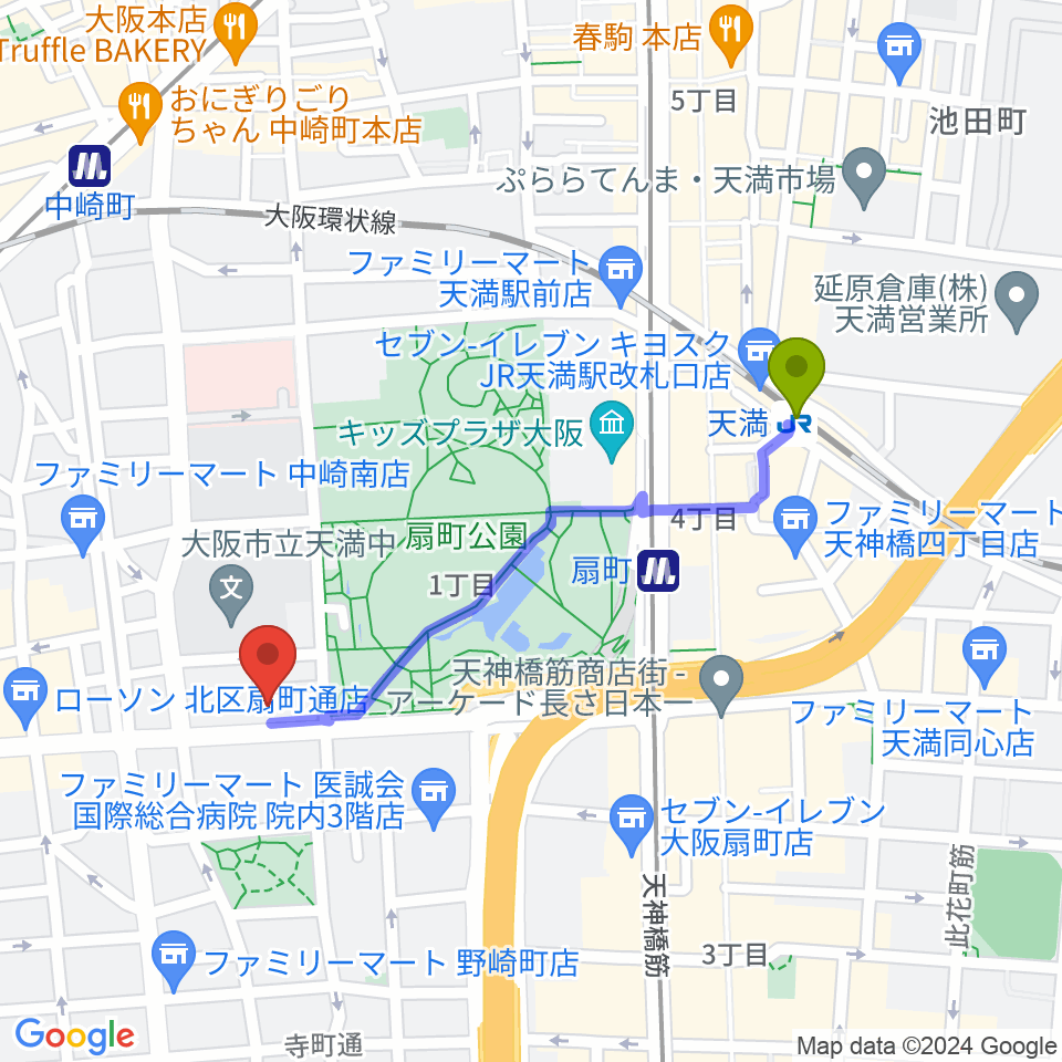 天満駅から梅田ボダイジュカフェへのルートマップ地図