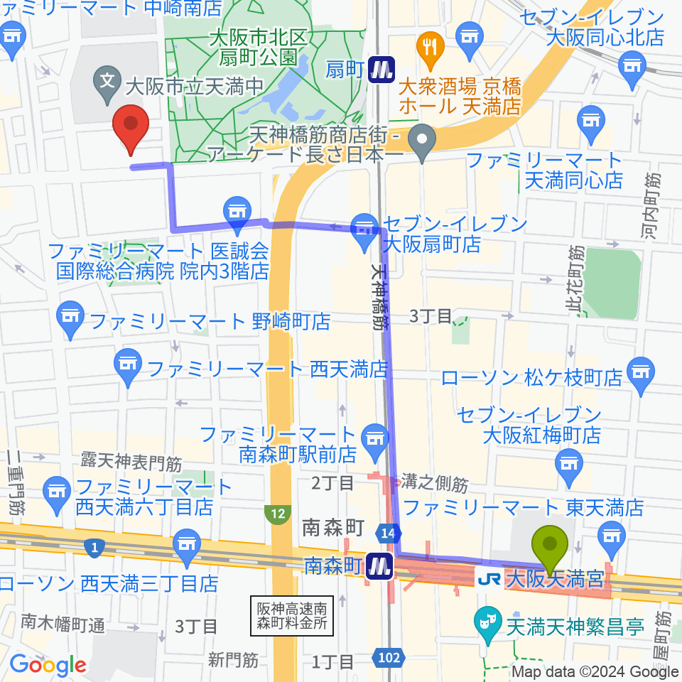 大阪天満宮駅から梅田ボダイジュカフェへのルートマップ地図
