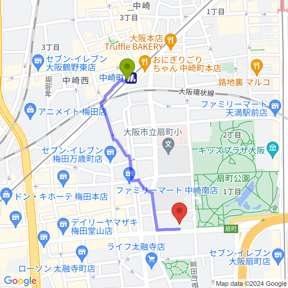 梅田ボダイジュカフェの最寄駅中崎町駅からの徒歩ルート（約8分）地図