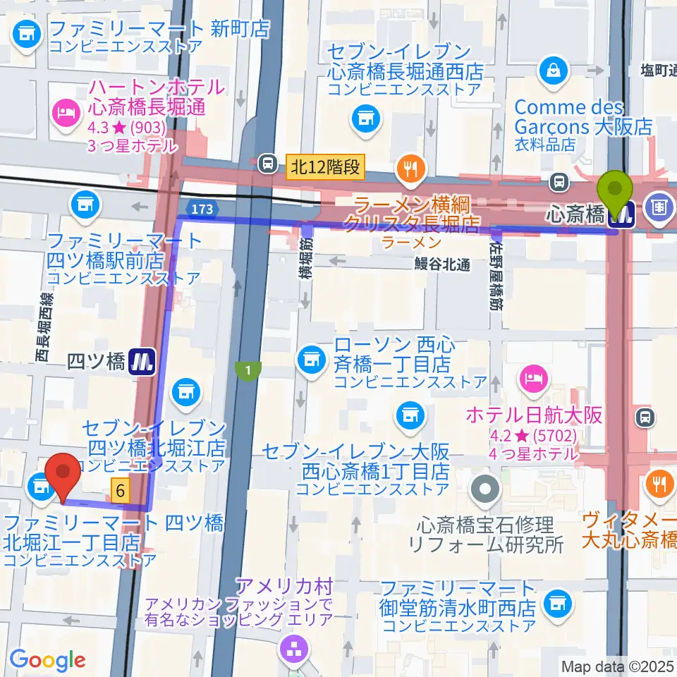 心斎橋駅から堀江ヒルズパン工場へのルートマップ地図