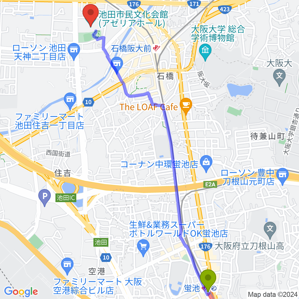 蛍池駅から池田市民文化会館へのルートマップ地図