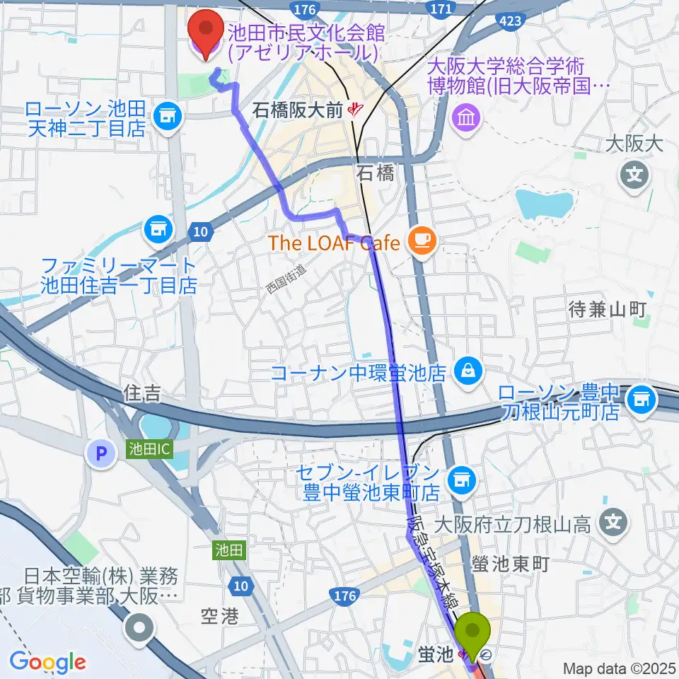 蛍池駅から池田市民文化会館へのルートマップ地図