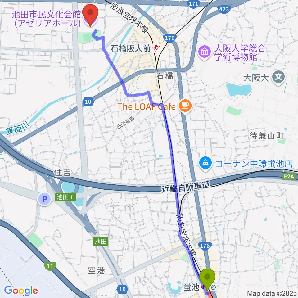 蛍池駅から池田市民文化会館へのルートマップ地図