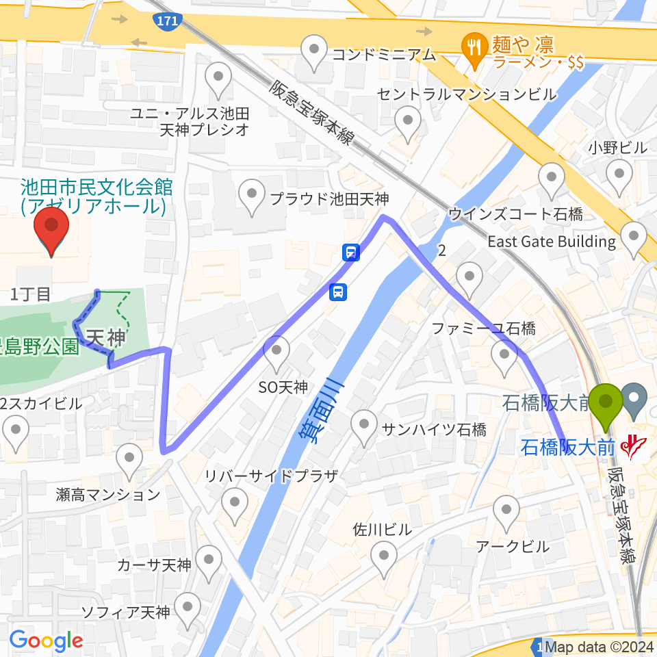 池田市民文化会館の最寄駅石橋阪大前駅からの徒歩ルート（約7分）地図