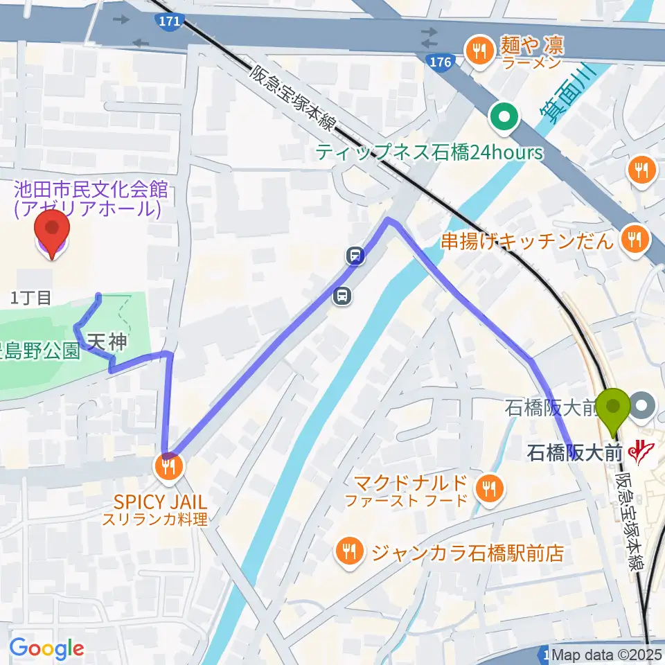 池田市民文化会館の最寄駅石橋阪大前駅からの徒歩ルート（約7分）地図