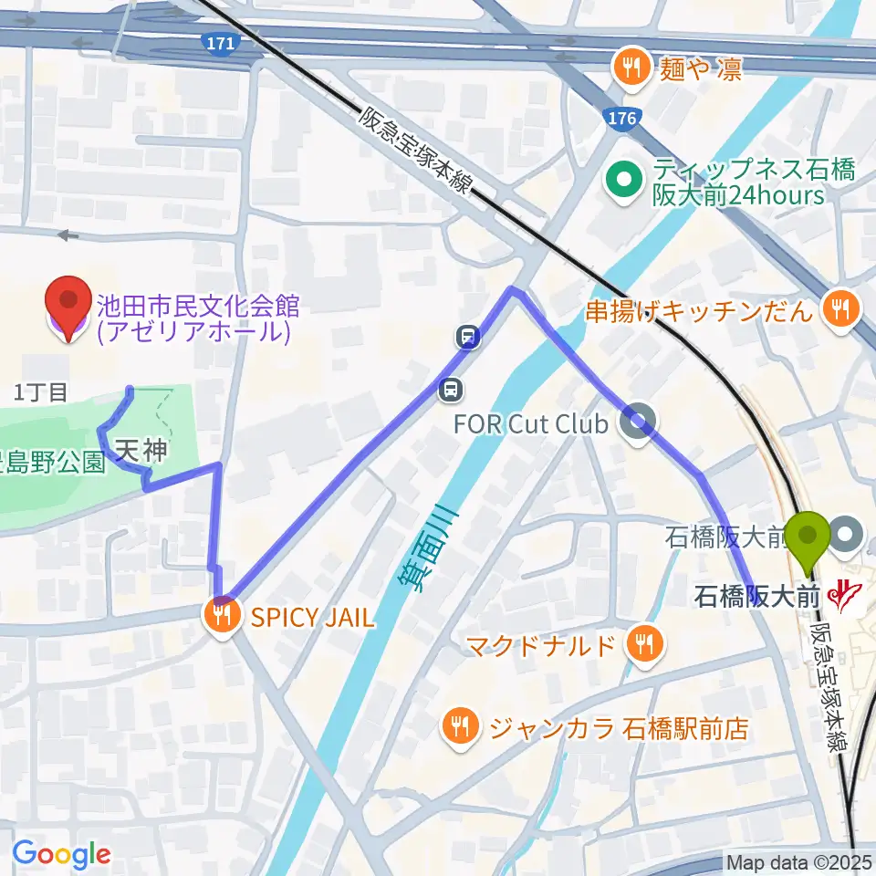 池田市民文化会館の最寄駅石橋阪大前駅からの徒歩ルート（約7分）地図