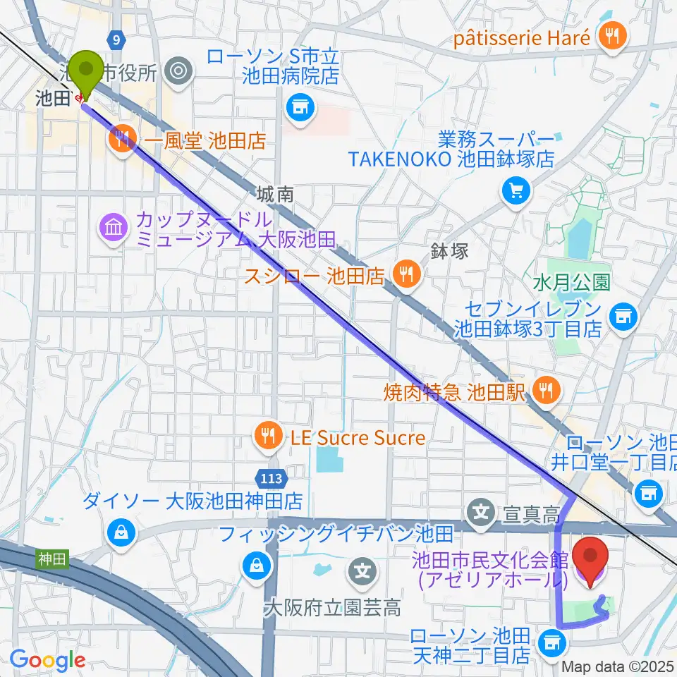 池田駅から池田市民文化会館へのルートマップ地図