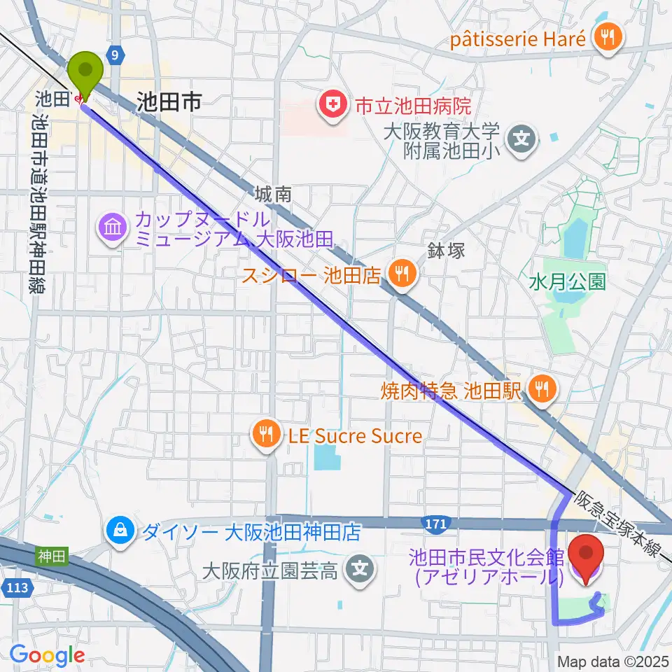 池田駅から池田市民文化会館へのルートマップ地図