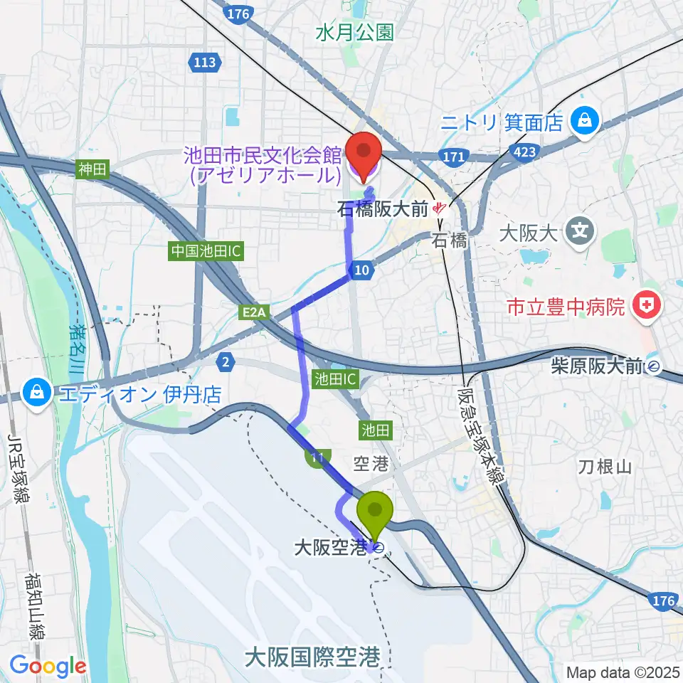 大阪空港駅から池田市民文化会館へのルートマップ地図