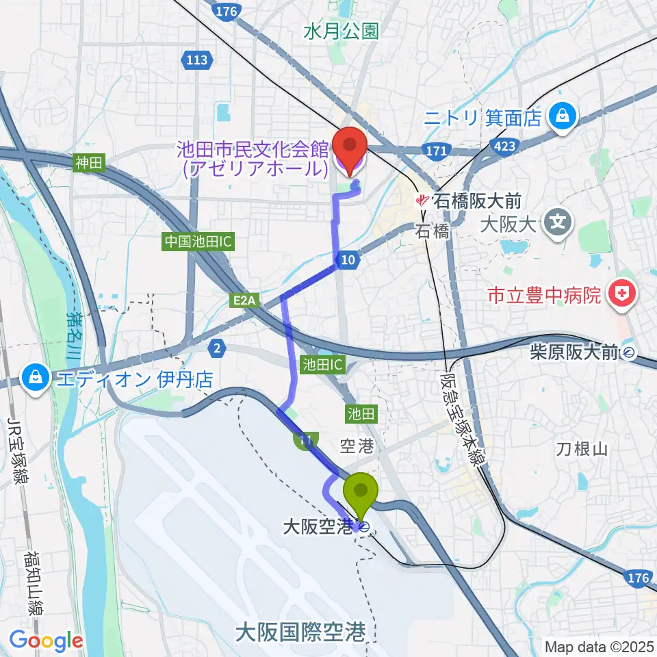 大阪空港駅から池田市民文化会館へのルートマップ地図