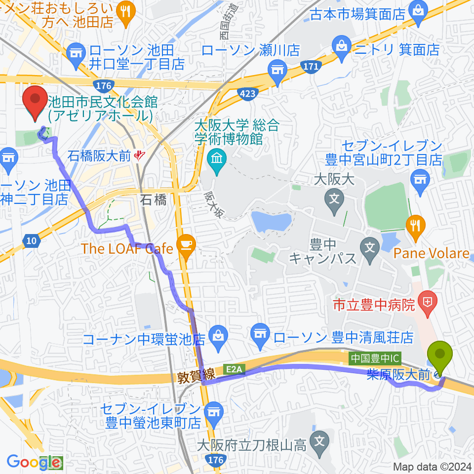 柴原阪大前駅から池田市民文化会館へのルートマップ地図