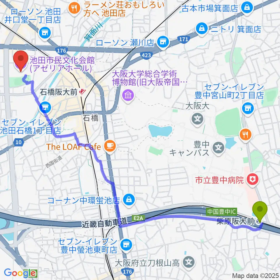 柴原阪大前駅から池田市民文化会館へのルートマップ地図