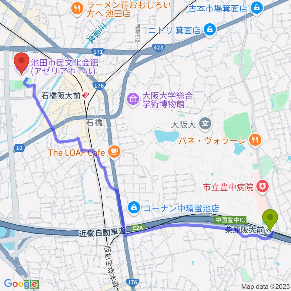 柴原阪大前駅から池田市民文化会館へのルートマップ地図