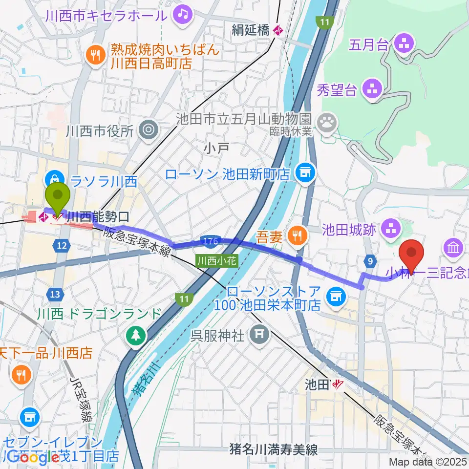 川西能勢口駅から逸翁美術館マグノリアホールへのルートマップ地図