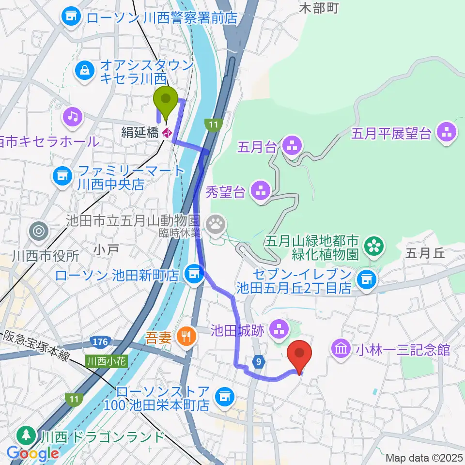 絹延橋駅から逸翁美術館マグノリアホールへのルートマップ地図