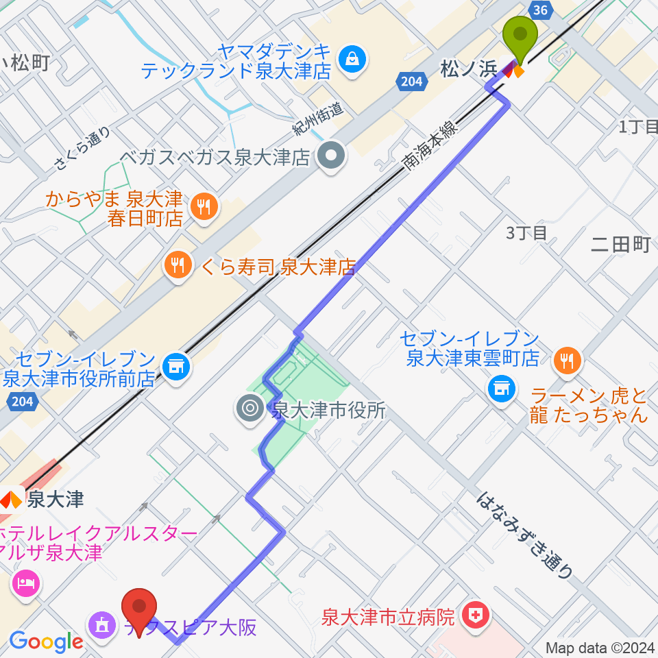 松ノ浜駅からテクスピア大阪へのルートマップ地図