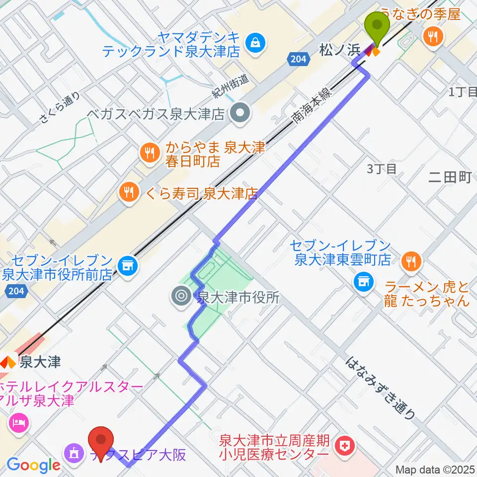 松ノ浜駅からテクスピア大阪へのルートマップ地図