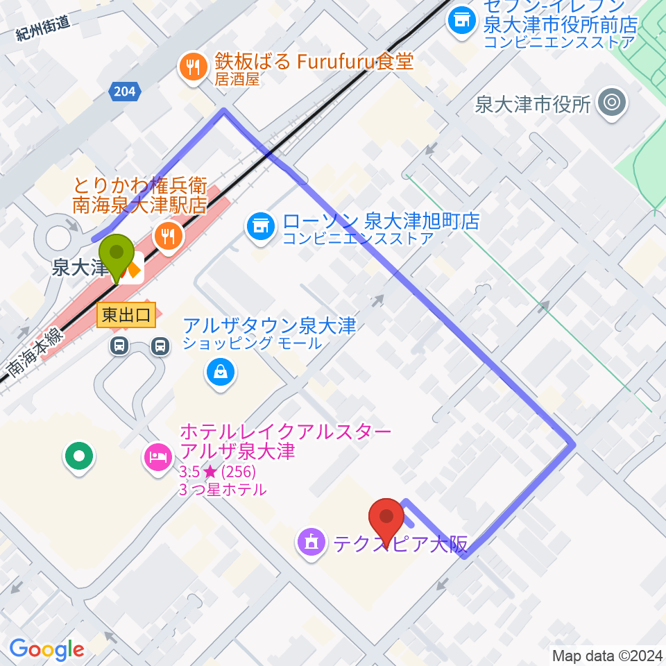 テクスピア大阪の最寄駅泉大津駅からの徒歩ルート（約4分）地図