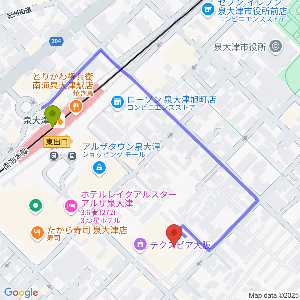 テクスピア大阪の最寄駅泉大津駅からの徒歩ルート（約4分）地図