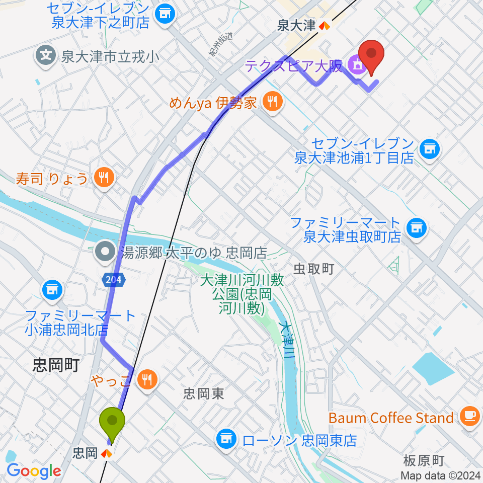 忠岡駅からテクスピア大阪へのルートマップ地図