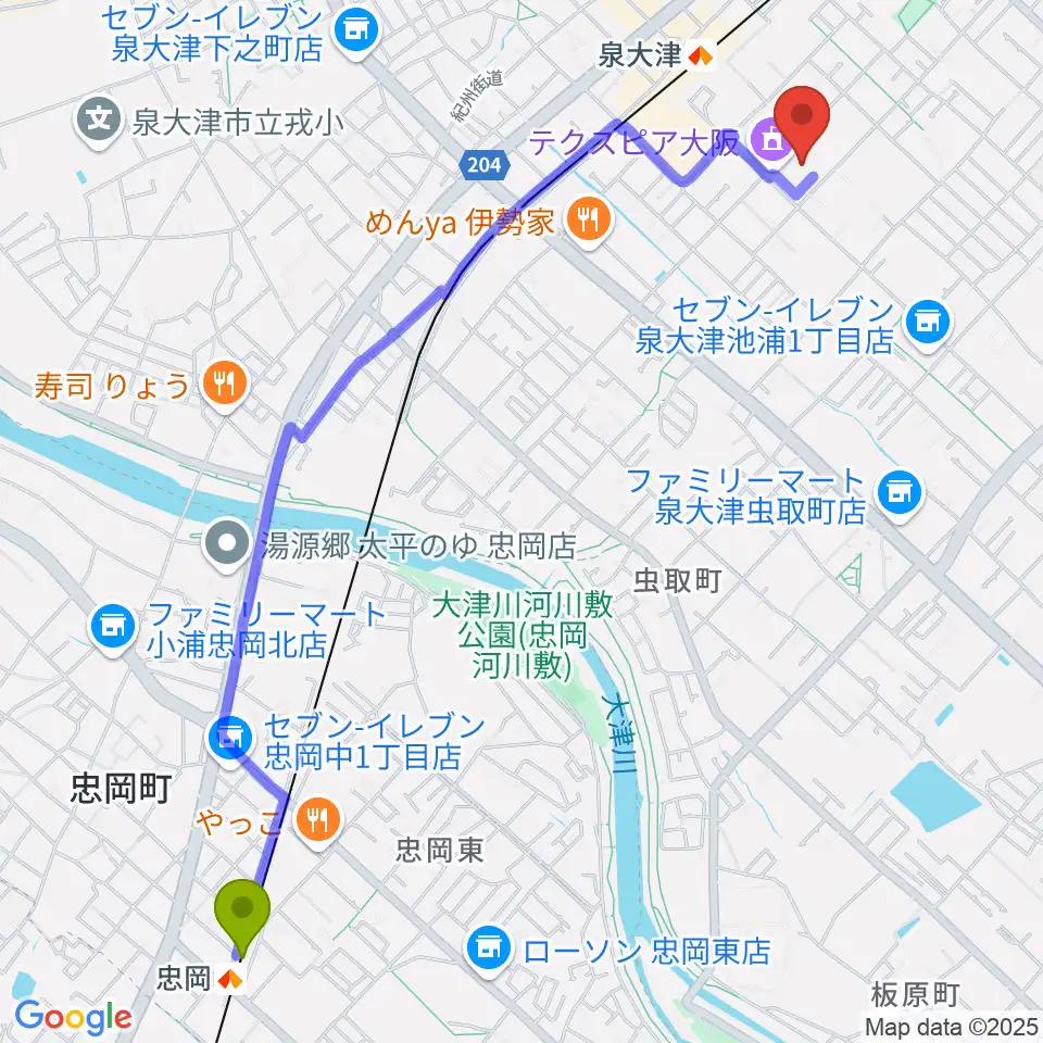 忠岡駅からテクスピア大阪へのルートマップ地図