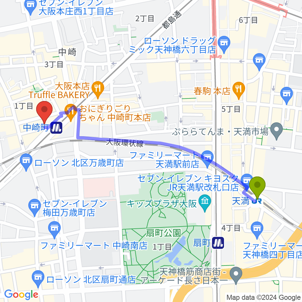 天満駅から中崎町コモンカフェへのルートマップ地図