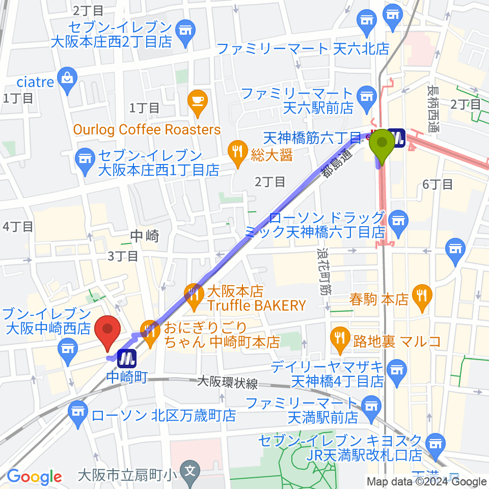 天神橋筋六丁目駅から中崎町コモンカフェへのルートマップ地図