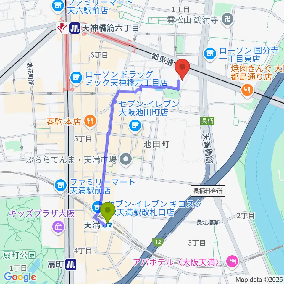 天満駅から音太小屋へのルートマップ地図