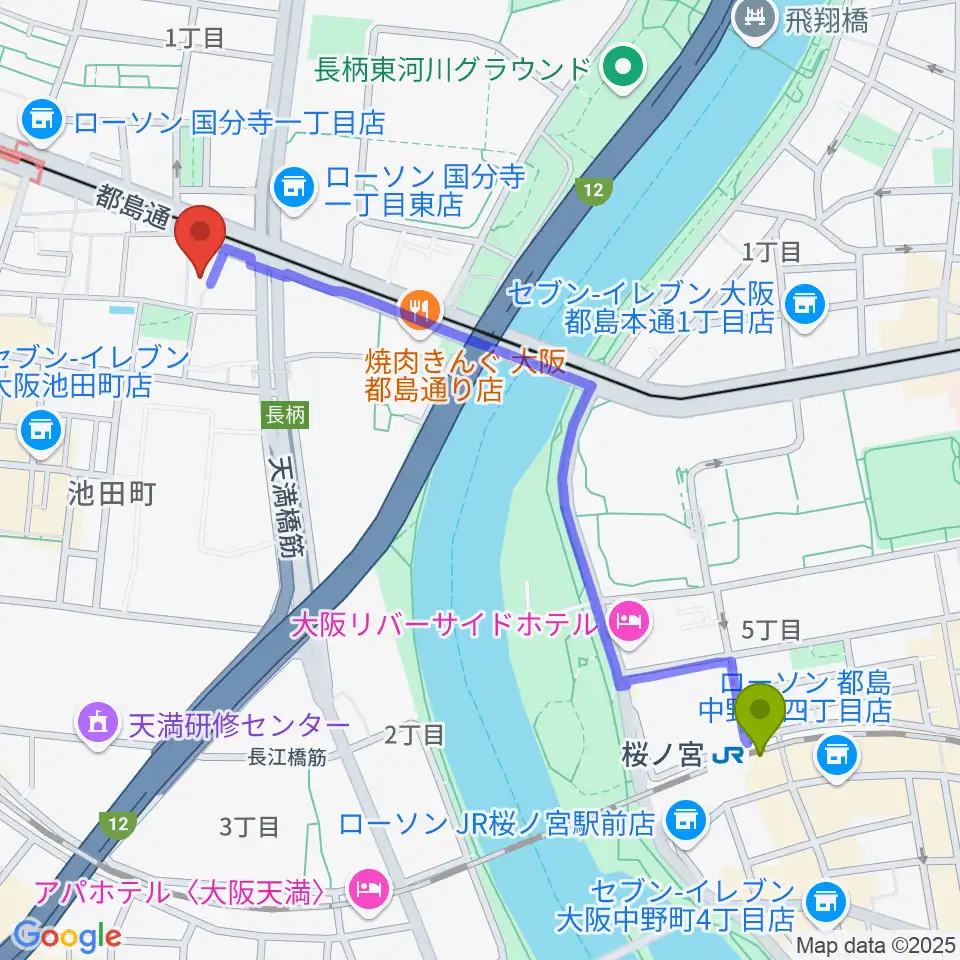 桜ノ宮駅から音太小屋へのルートマップ地図