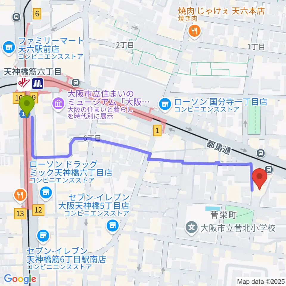 音太小屋の最寄駅天神橋筋六丁目駅からの徒歩ルート（約7分）地図