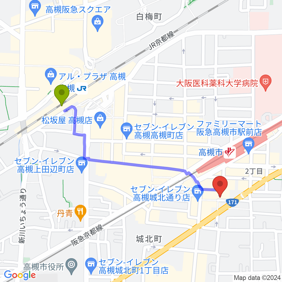 高槻駅からオンチューンへのルートマップ地図