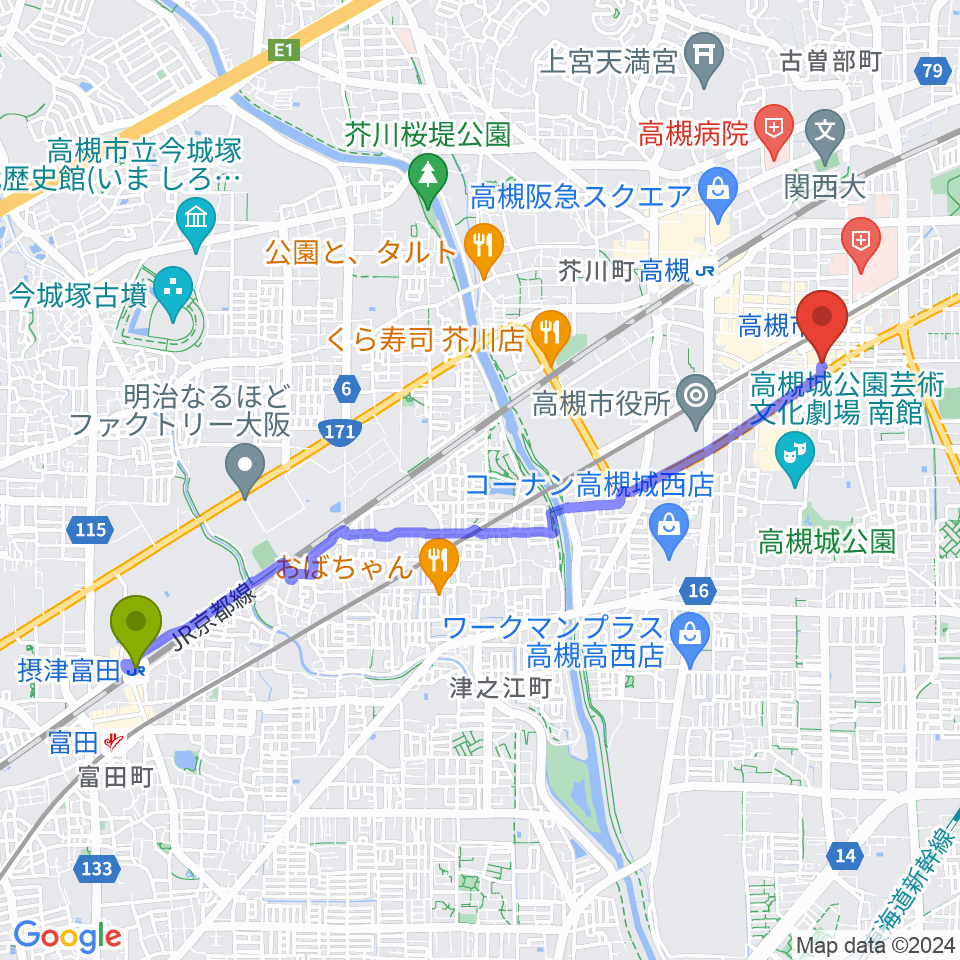 摂津富田駅からオンチューンへのルートマップ地図