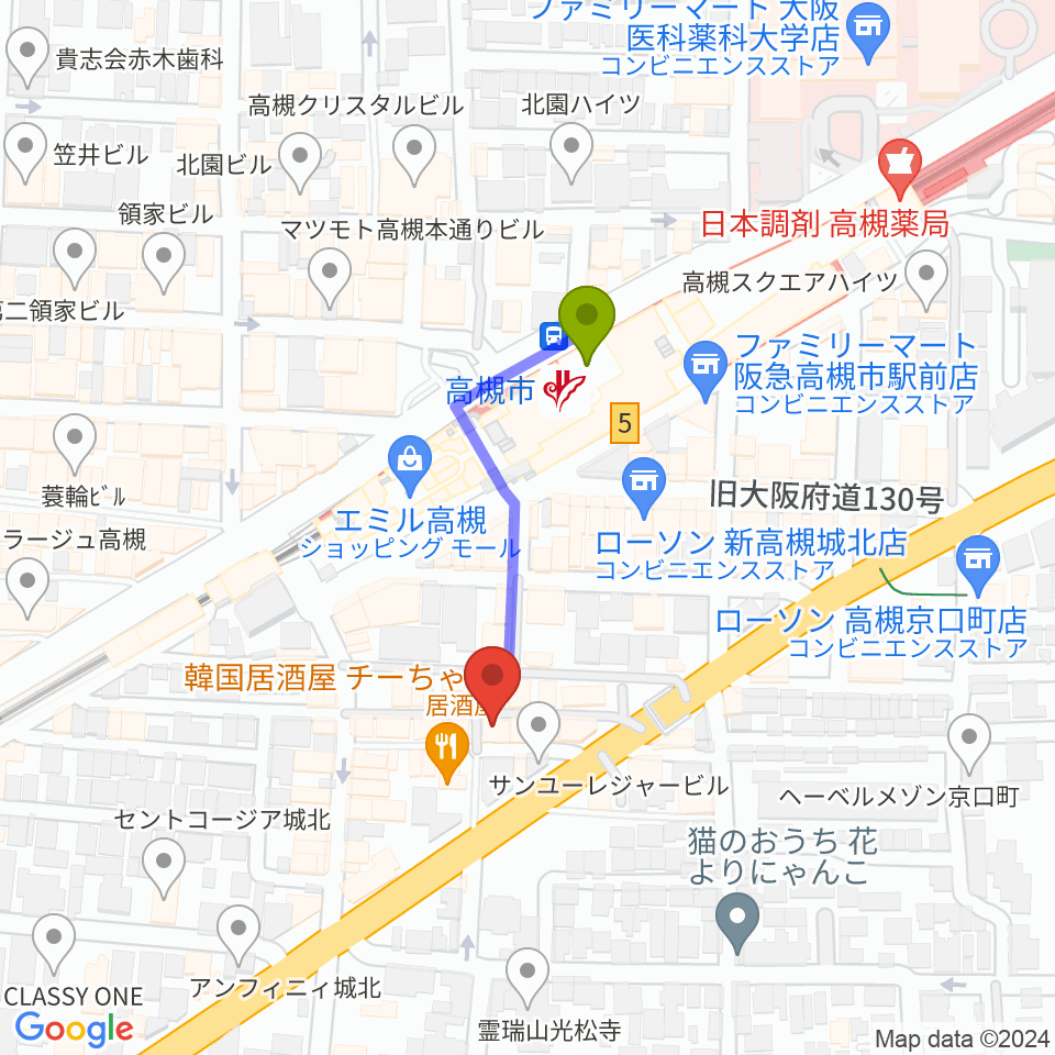 オンチューンの最寄駅高槻市駅からの徒歩ルート（約3分）地図